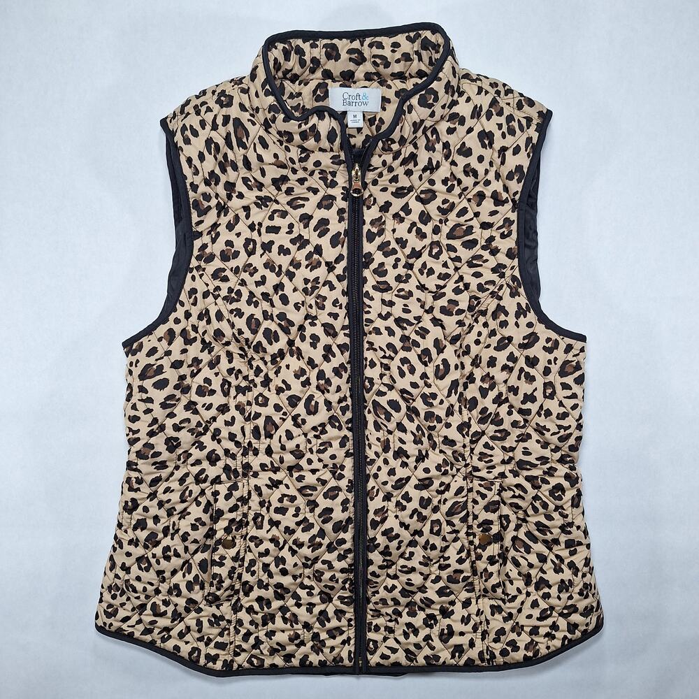 Croft & Barrow Vest Womens Medium Leopard Print Quilted Full Zip Animal